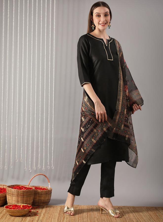 globus Women Black Straight Kurta with Pant and Floral Print Dupatta Set - Image 1